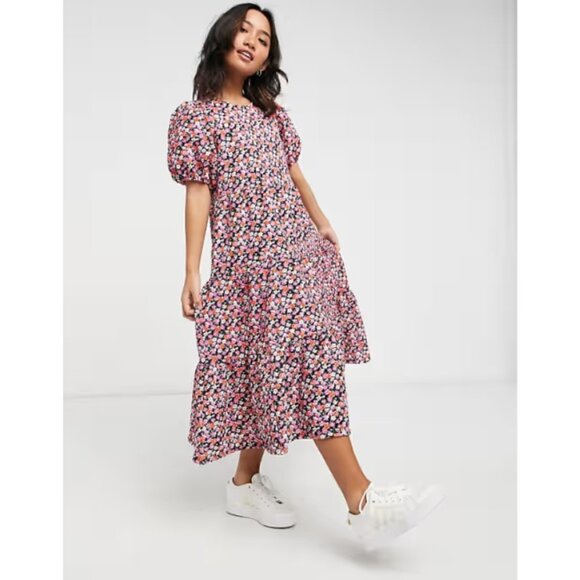 ASOS DESIGN Midi Tiered Smock Dress in Pink Floral Print - Picture 3 of 13